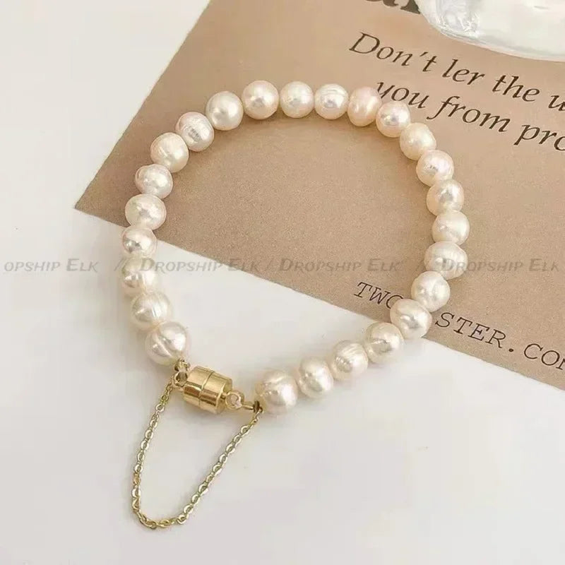 Elegantes natürliches Süßwasserperlen-Armband für Damen, magnetische Knöpfe, kreatives Design, Armband, Hochzeit, Schmuckzubehör