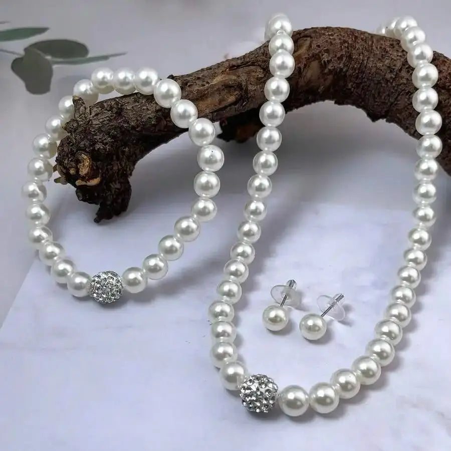 3-teiliges Set mit Imitationsperle, Feuerball-Halskette, Armband, Ohrring, Ohrstecker, Schmuckset, silberfarben, Kristallstein, eleganter Brautschmuck