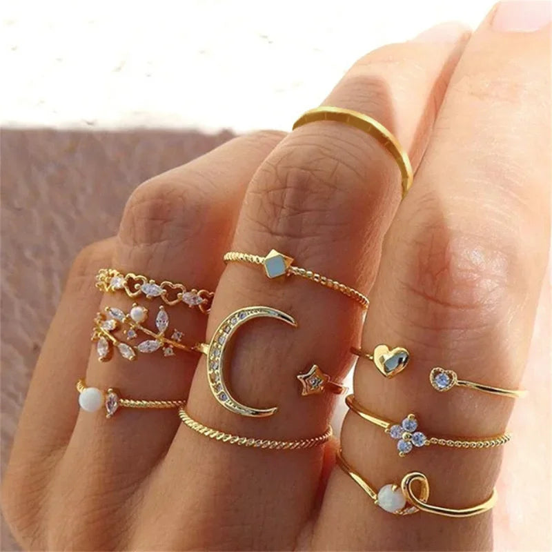 Boho Gold Farbe Herz Ringe Set Für Frauen Vintage Geometrische Kreuz Perle Schmetterling Finger Ringe Weibliche Trendy Schmuck Geschenk