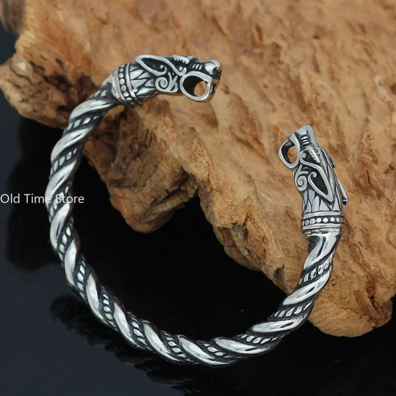 Viking Drachenkopf Manschettenarmband Vintage Twined Gold Silber Farbe Edelstahl Herren Persönlichkeit Punk Hip Hop Schmuck