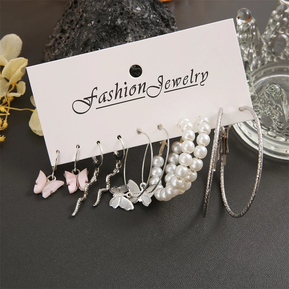 Mode Große Silber Farbe Runde Kreis Perle Hoop Ohrringe für Frauen Mädchen Schlange Schmetterling Baumeln Ohrring Set Weibliche Y2K Schmuck