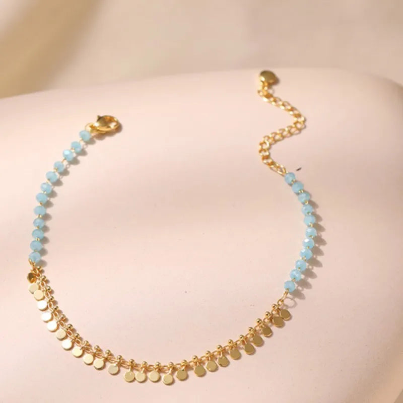 ANENJERY 18K vergoldete Quasten Charm Fußkettchen für Frauen Boho Sommer Armband Blauer Stein Perlen Handgefertigter Schmuck Großhandel