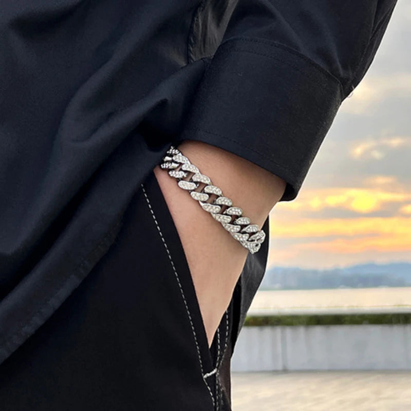 Volle Kristall Stein Kubanischen Kette Hip Hop Armband Für Männer Silber Farbe Metall Link Kette Strass Glück Verschluss Herren Armband