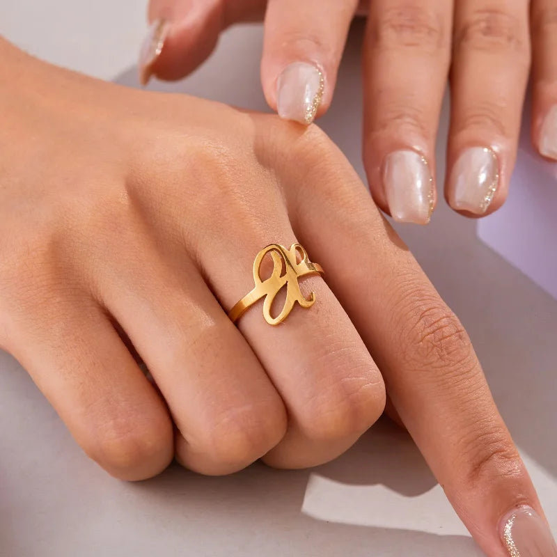 Ringe mit Anfangsbuchstaben für Damen, goldfarben, Edelstahl, A-Z, Buchstabe, verstellbarer Ring, ästhetisch, Hochzeit, Weihnachten, Schmuck, Geschenk