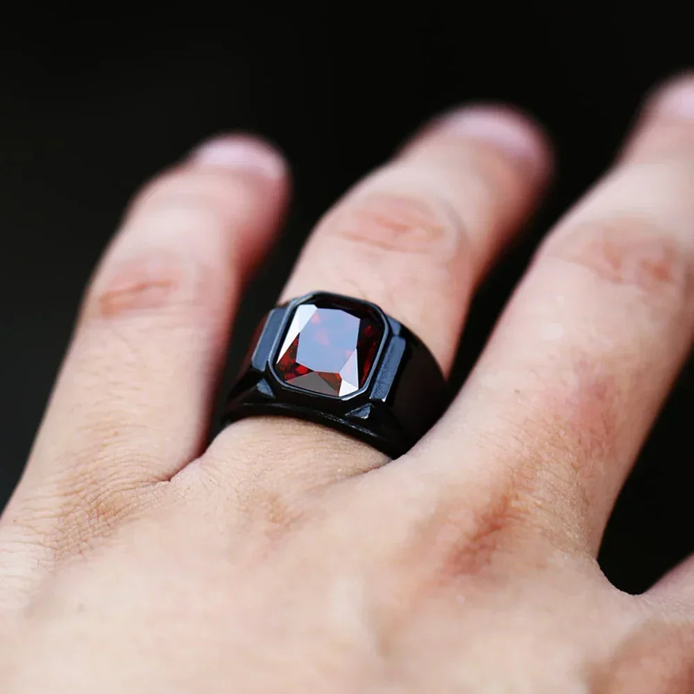 Punk Hip Hop Kreative Design Platz Schwarz Rot Stein männer Ring Retro Einfache 316L Edelstahl Ring Schmuck Geschenk Großhandel