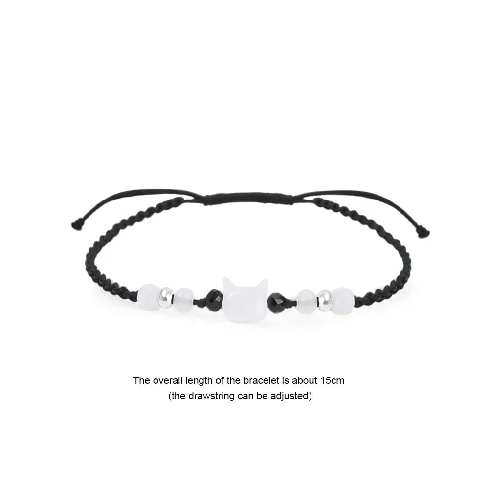 Süßes schwarz-weißes Kaninchen-Katzen-Armband, natürlicher Mondstein, Obsidian-Armbänder, Paar, minimalistisches Armband, handgefertigter Party-Schmuck, Geschenk