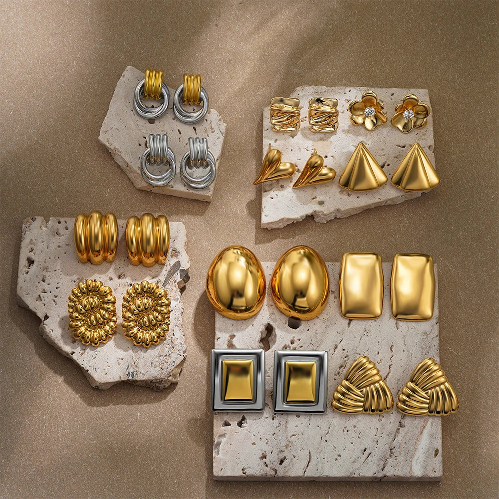 18 Karat vergoldete, gestreifte Textur, klobige Ohrstecker für Damen, glänzender Edelstahlknoten, gedrehte geometrische Ohrringe, täglicher Schmuck