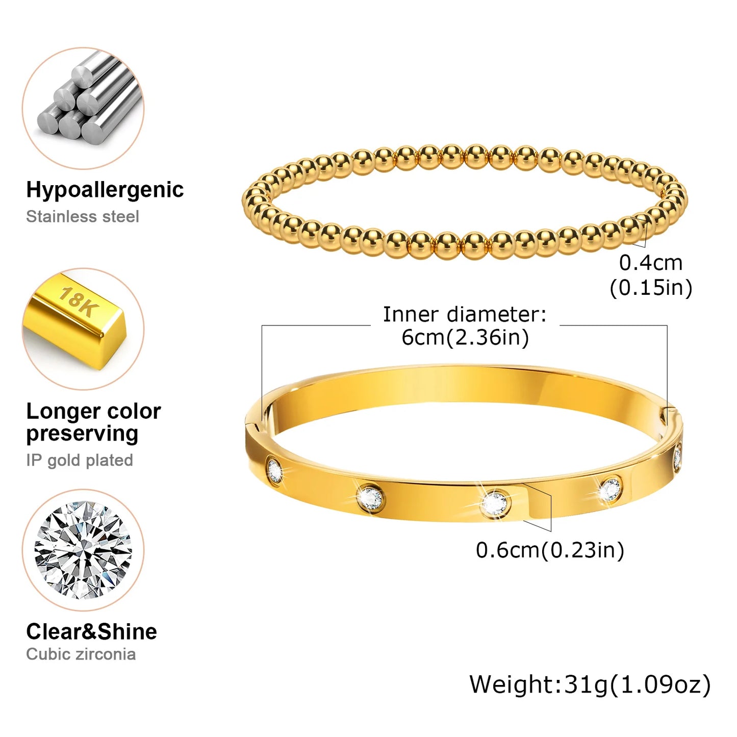 Vnox 2–8 mm Damen-Armbänder-Set, einfache gestapelte vergoldete Edelstahl-Perlen-Armbänder, glamouröse Liebesgeschenk-Manschettenarmbänder für Sie