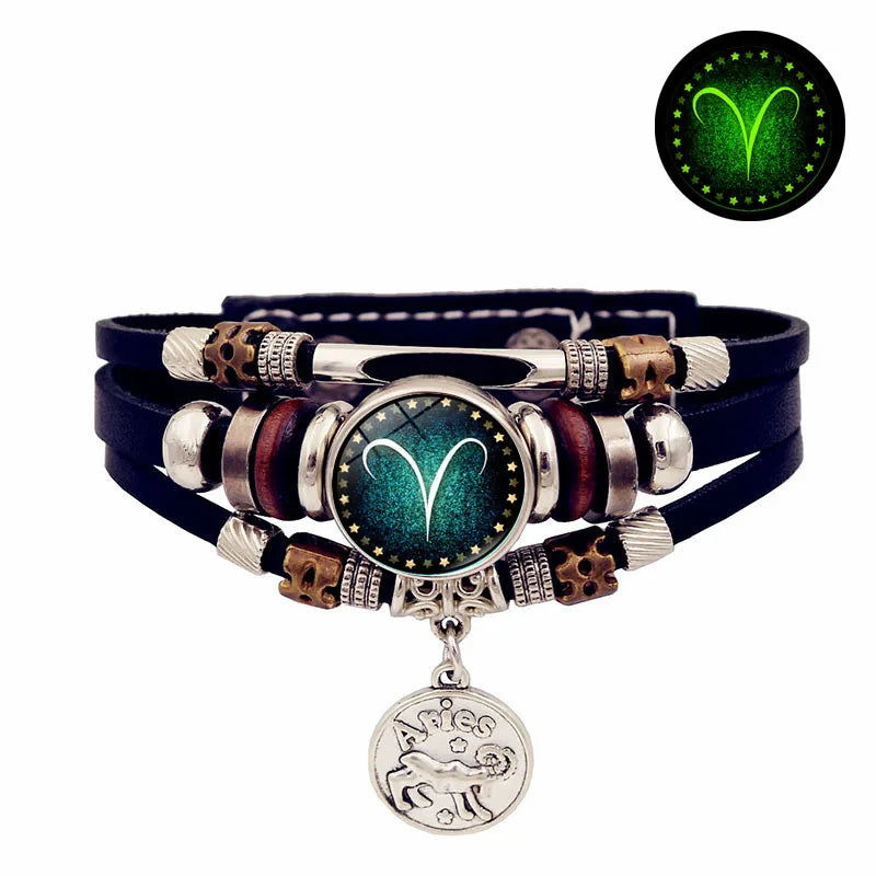 Sternenhimmel Sternzeichen Leuchtendes Lederarmband Mehrschichtiges Perlenleder Herren Schnappverschluss Damen Armband Freundschaftsarmbänder