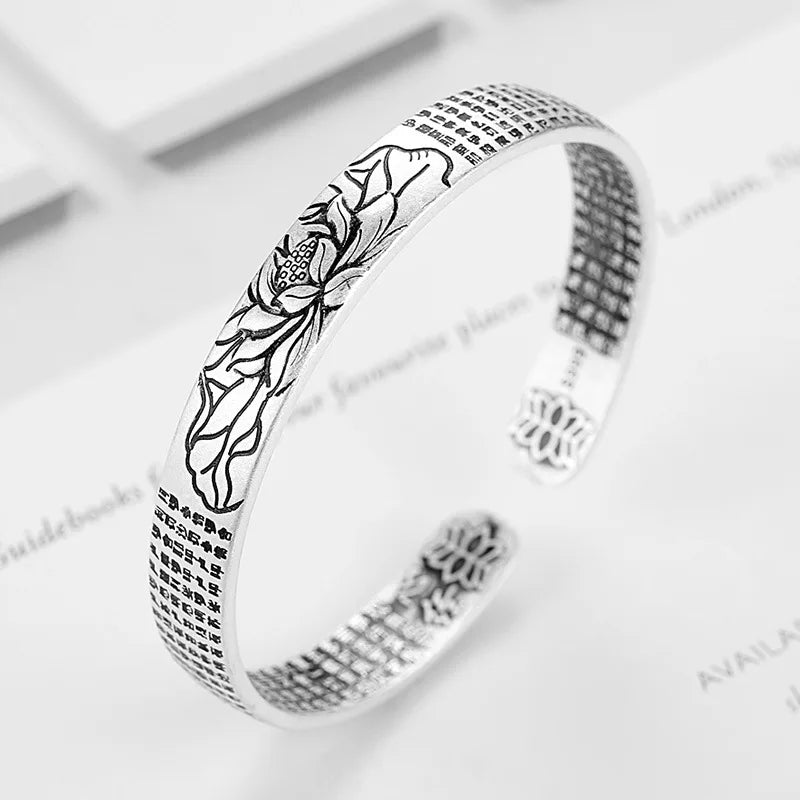 Vintage Silber Sterling Silber Armband großes Mitgefühl Mantra Lotus Herz Sutra Sutra Glück Armband Männer Frauen Schmuck