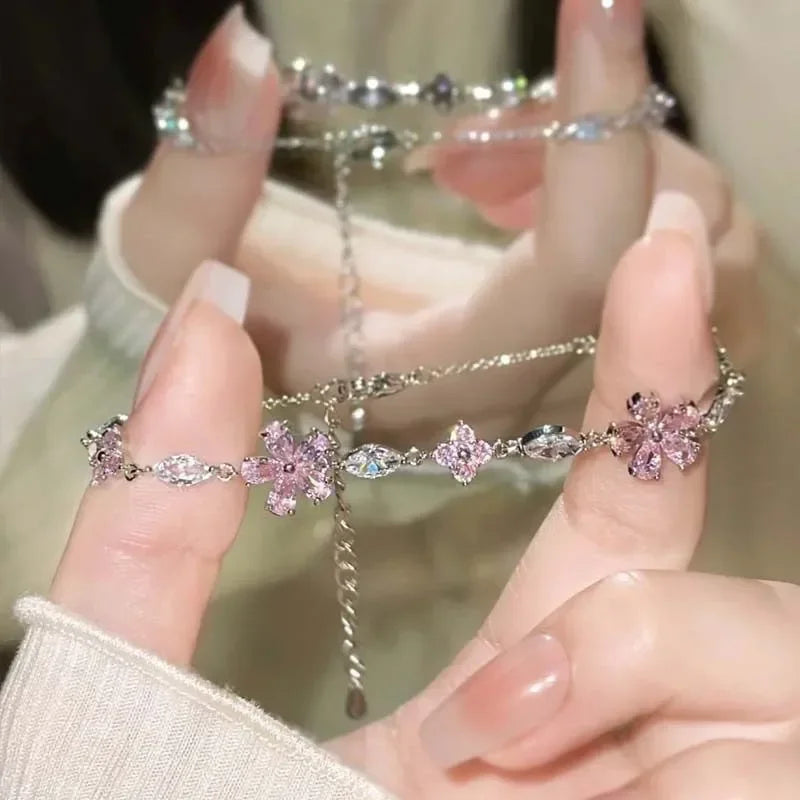 Elegantes Feen-Rosa-Kristall-Zirkon-Sakura-Blumen-Armband für Frauen, Y2K, süße Mädchen, Kirschblüten-Mond, Schleife, Knoten, Schmuck, Geschenke