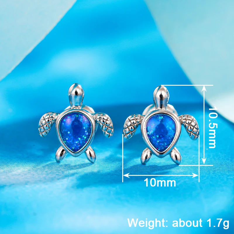 Huitan Blaue kleine Schildkröten-Ohrstecker für Damen, schickes Tier-Accessoire für den Alltag, zierlicher silberfarbener Schmuck für Damen