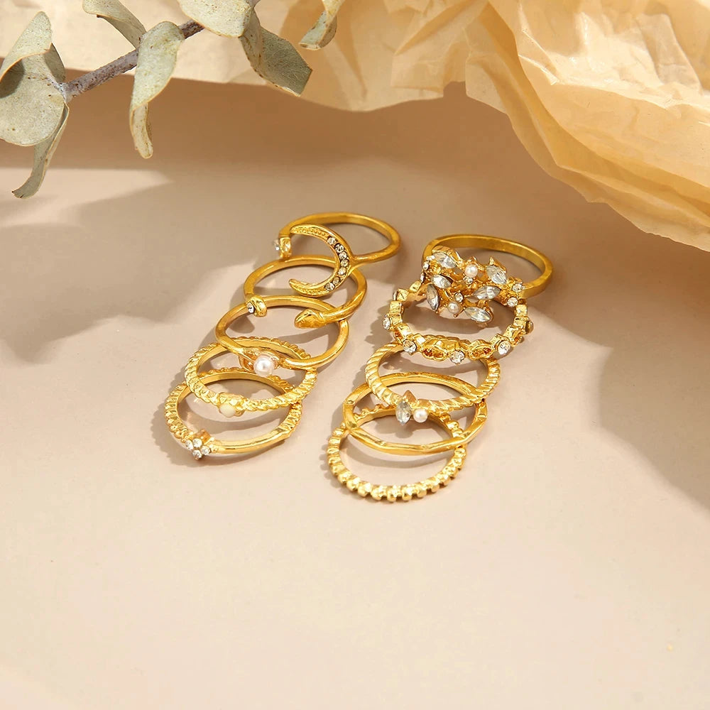 10 Stück Ringe Anzug für Frauen Goldfarbe Kettenblatt Set Bohemian Style Münze Schlange Mond Stern Party Trend Geschenk Schmuck