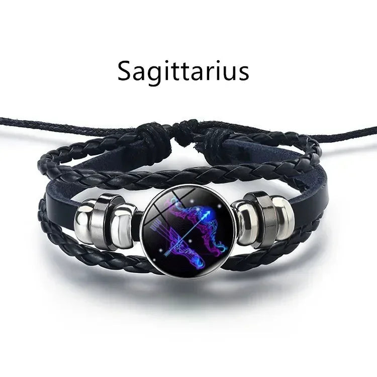 12-Sternbild-Sternzeichen, schwarzes geflochtenes Lederarmband, Krebs, Löwe, Jungfrau, Waage, gewebte Glaskuppel, Schmuck, Punk-Männerarmband