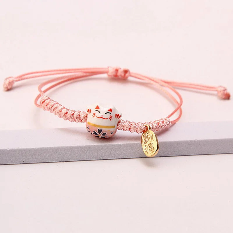 Einfaches geflochtenes Keramik-Glückskatze-Armband für Damen und Herren, mehrfarbig, niedliches Tier, handgestrickt, verstellbares Armband, Harajuku-Schmuck
