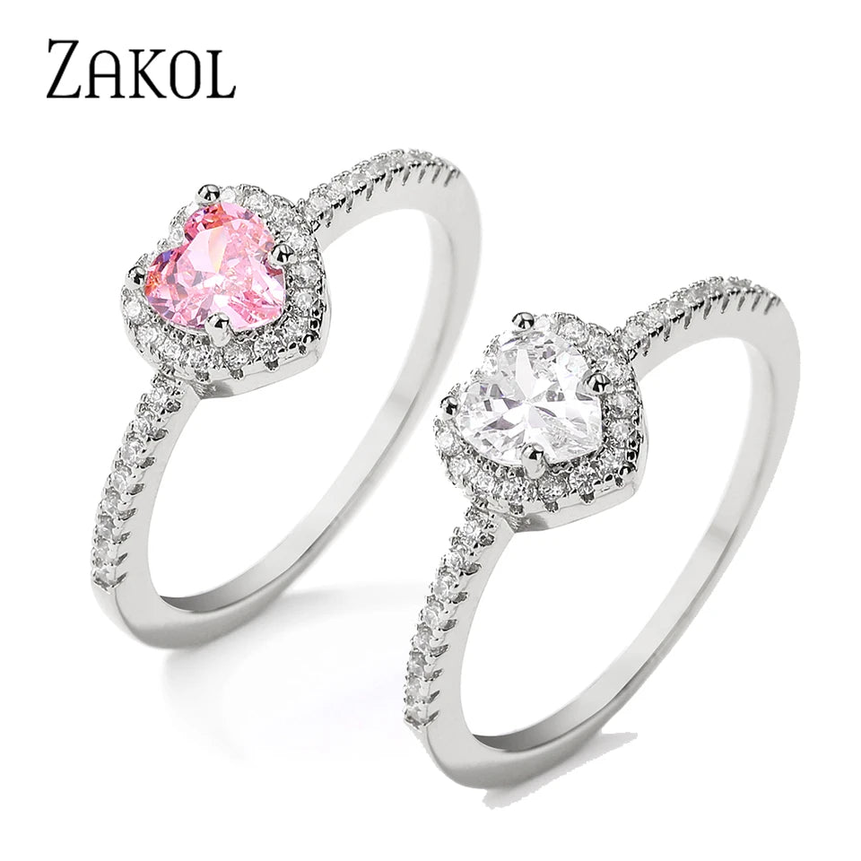 ZAKOL Exquisiter klarer rosa Zirkon-Herz-Verlobungsring für Frauen, Charm, glänzend, AAA-CZ-Ehering, Schmuck, Geschenk