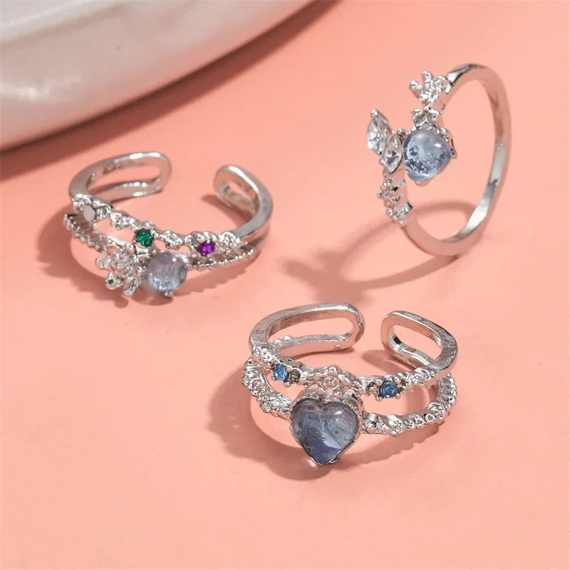 2023 neue Mode Blau Opal Herz Offene Ringe für Frauen Blume Strass Finger Ringe Hochzeit Party Trendy Mädchen Schmuck Geschenke