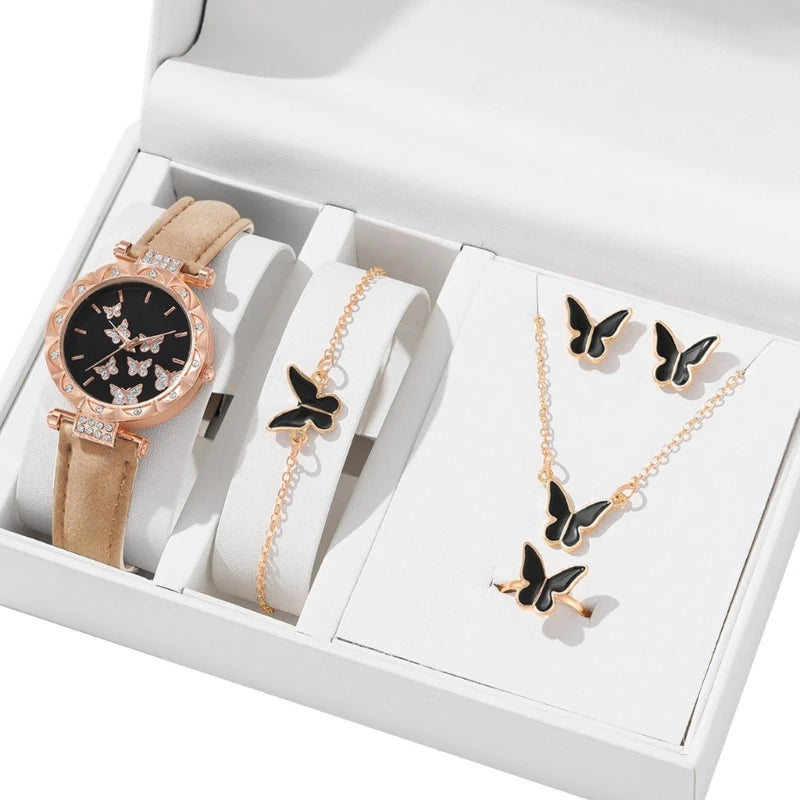 Schmetterlings schmuck Set (ohne Box) Frauen Uhren weibliche Leder Uhren ringe Halskette Ohrringe Armband Hochzeits geschenk
