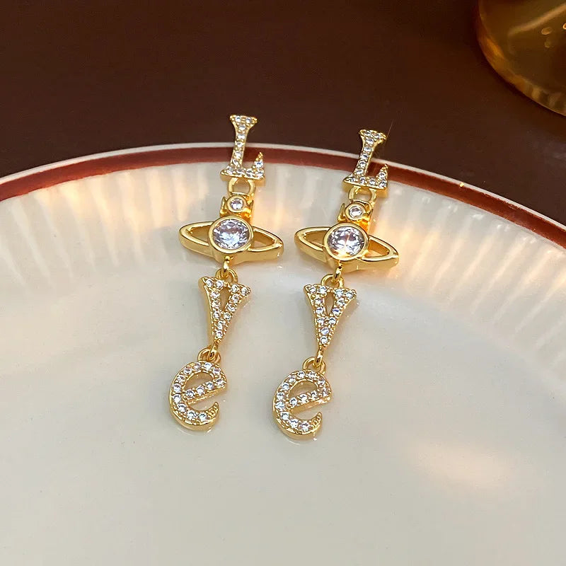 Modische lange Quasten-Ohrringe mit Liebesbrief, Zirkonia-Steinen, elegante Tropfen-Ohrringe für Damen, chinesischer Stil, Saturn-Persönlichkeit