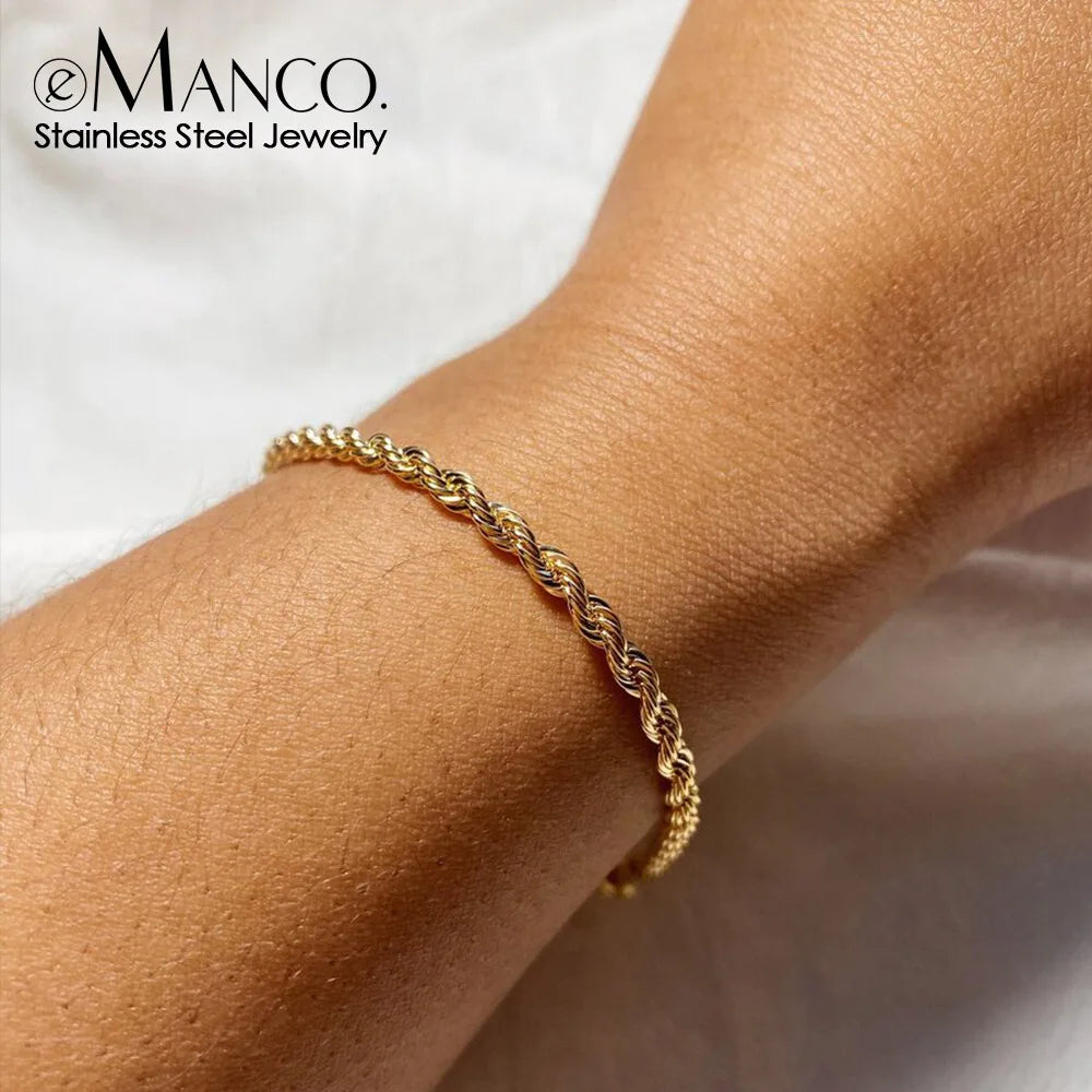 Emanco Edelstahl Twisted Rope Link Chain uneinstellbare Damen Hip Hop Punk 4mm Armbänder