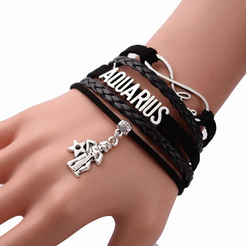 12-Sternbild-Sternzeichen, schwarzes geflochtenes Lederarmband, Krebs, Löwe, Jungfrau, Waage, gewebter Schmuck, Punk-Männer-Anhänger-Armband 2022