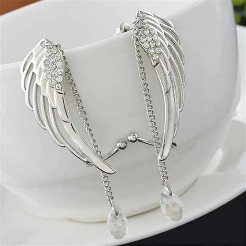 Engelsflügel-Kristall-Ohrringe, versilbert, baumelnde Ohrstecker für Frauen, lange Manschettenohrringe, Böhmen-Quasten-Ohrschmuck
