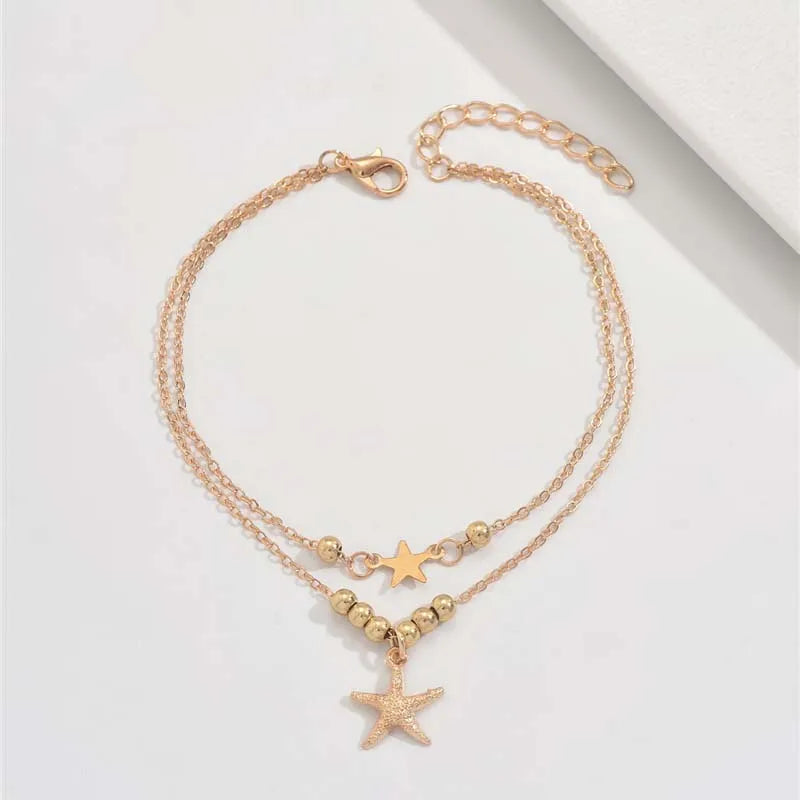 Layered Bohemian Sommer Strand Fußkettchen Für Frauen Vintage Gold Farbe Stern Seestern Anhänger Armband Kette Auf Bein Schmuck