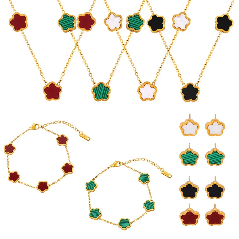 Rustikales frisches Titan-Stahl-Blumen-Accessoires-Armband, weiße Muschel, Acryl-Ohrringe, einfaches Halsketten-Set, Schmuck-Ensemble