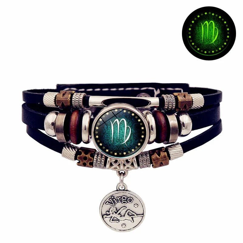 Sternenhimmel Sternzeichen Leuchtendes Lederarmband Mehrschichtiges Perlenleder Herren Schnappverschluss Damen Armband Freundschaftsarmbänder