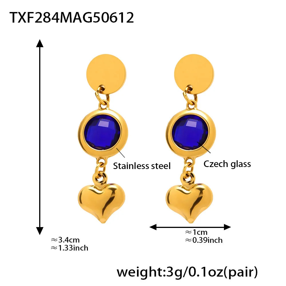 Edelstahl-Halskette, Armbänder, Ohrringe für Frauen, 6 Farben, Herz, facettierte tschechische Glas-Halsketten, Armband, baumelnde Ohrringe-Set