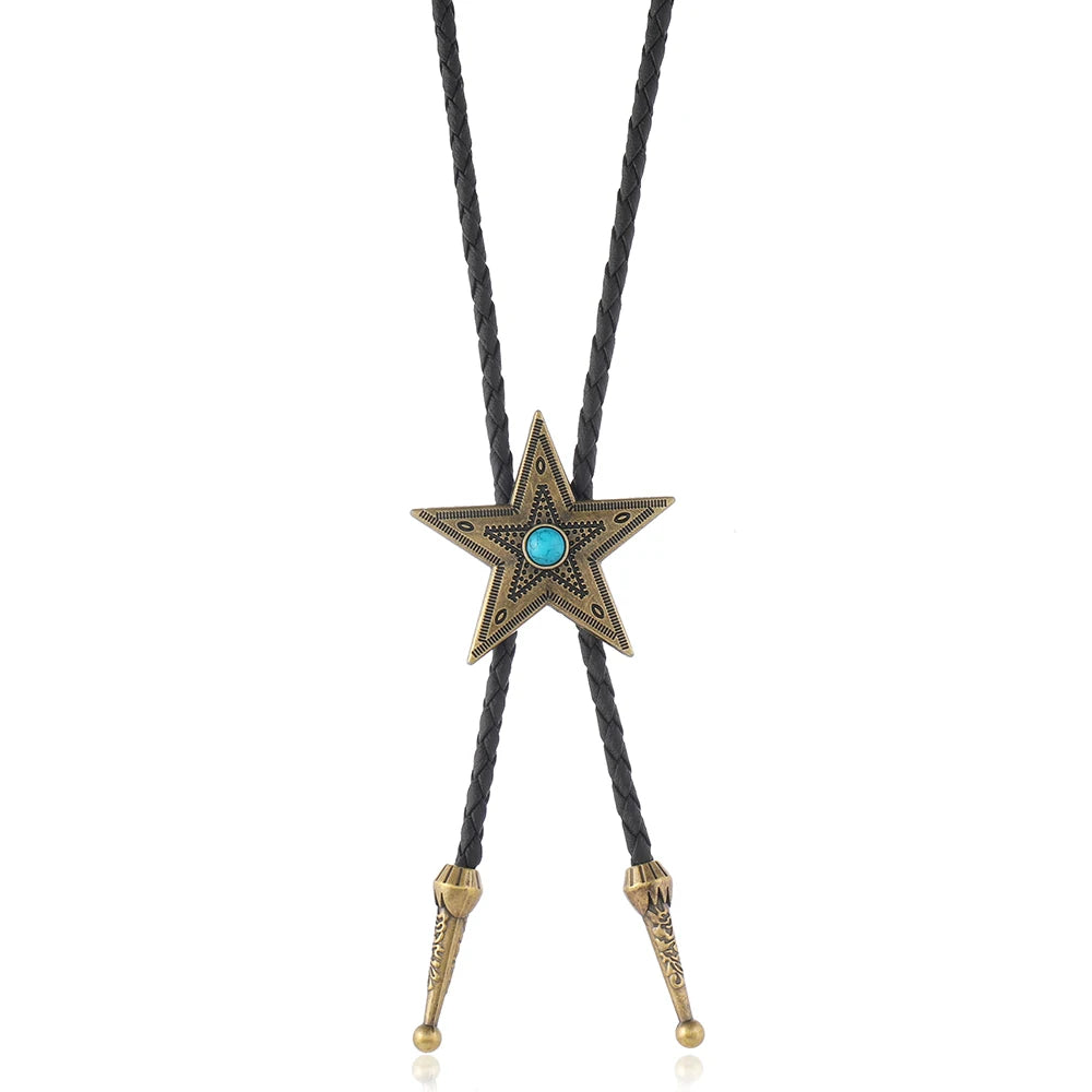Vintage Lederkette Bolo-Krawatte für Herren, Western-Cowboy-Krawatte, Bolo-Krawatte für Hemd, modische Stern-lange Halskette
