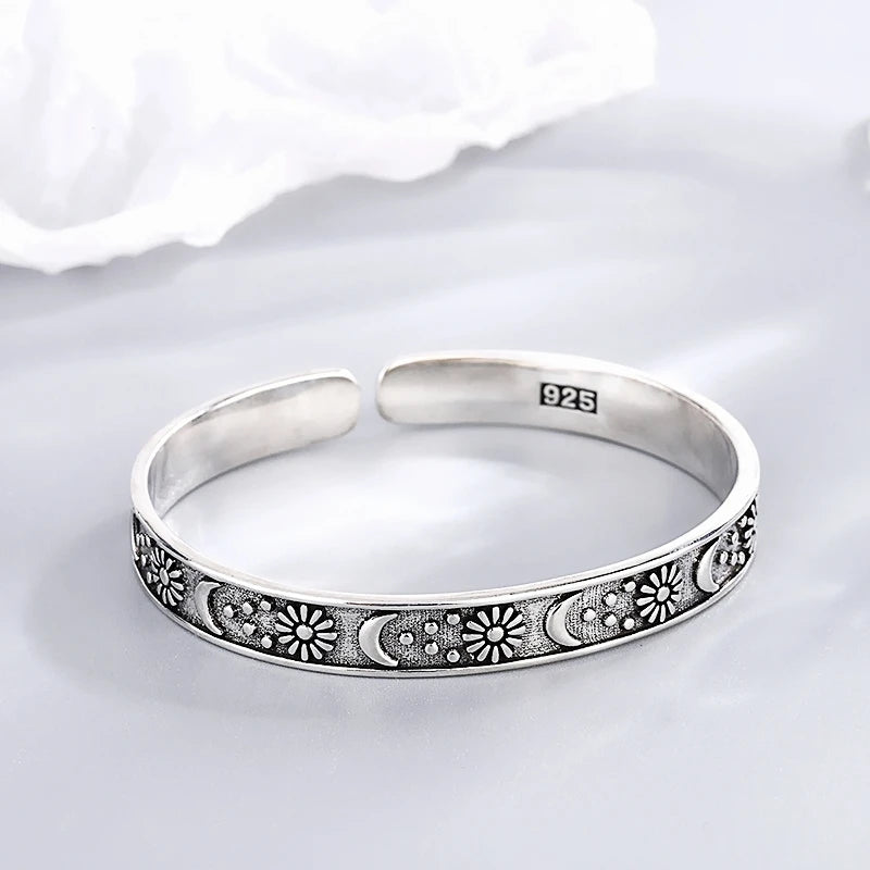 Sole Memory Vintage Thai Silber Mond Stern 925 Sterling Silber Größenverstellbare Öffnung Armband Für Frauen Luxus Schmuck Geschenk BR340