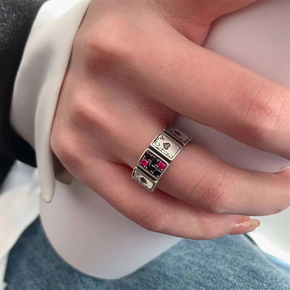 Punk Spade A Poker Ringe Designer Spades Karten Kristall Offenen Ring Für Frauen Männer Retro Splitter Breite Manschette Finger Ringe Party Jewerly