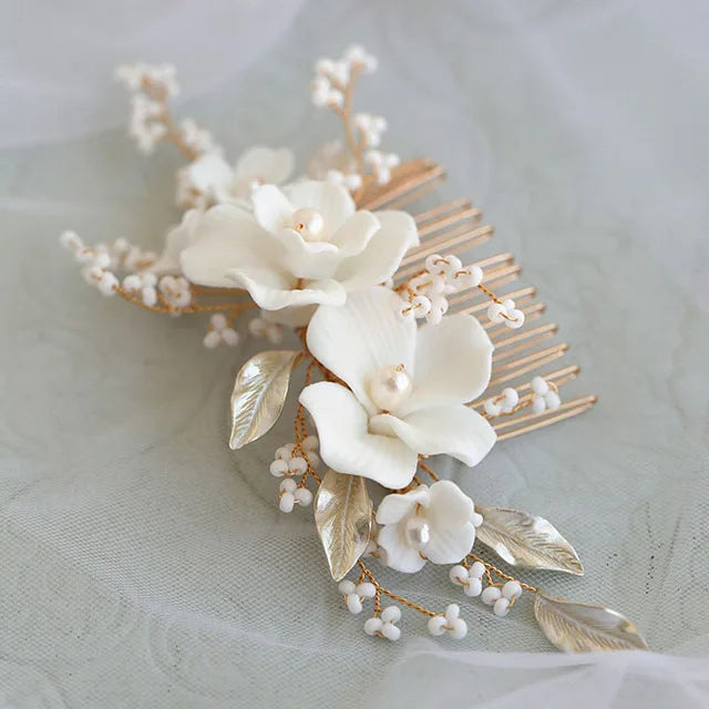 SLBRIDAL Handgemachte Luxus Strass Süßwasser Perlen Ceram Blume Braut Tiara Hochzeit Brautjungfern Krone Frauen Haar Schmuck