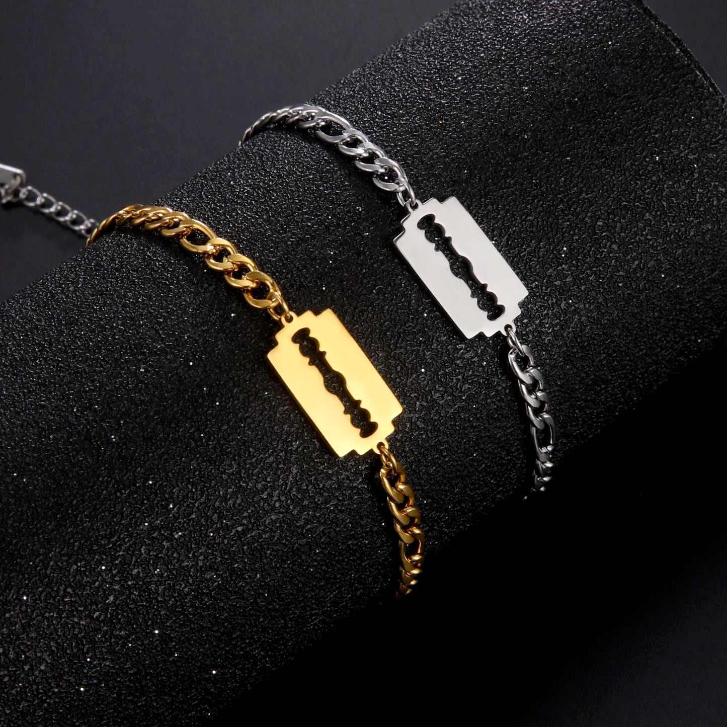 My Shape Punk Rasierklinge Edelstahl Armbänder Für Männer Frauen Rasieren Klinge Armband Armreif Figaro Kette Mode Schmuck
