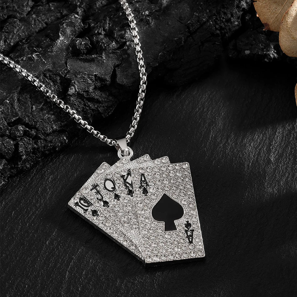 2 Stück Set Hip Hop Statement Edelstahl Poker Karte Ass Spaten Halskette für Frauen Männer Anhänger Kette Spielkarten Schmuck