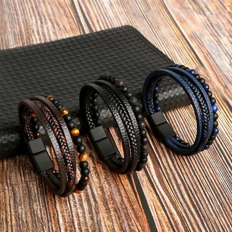 Jiayiqi Leder Armband Männer Punk Hip Hop Metall Charme Tigerauge Stein Perlen Multi-Schicht Armband Für Männer Mode schmuck Geschenk