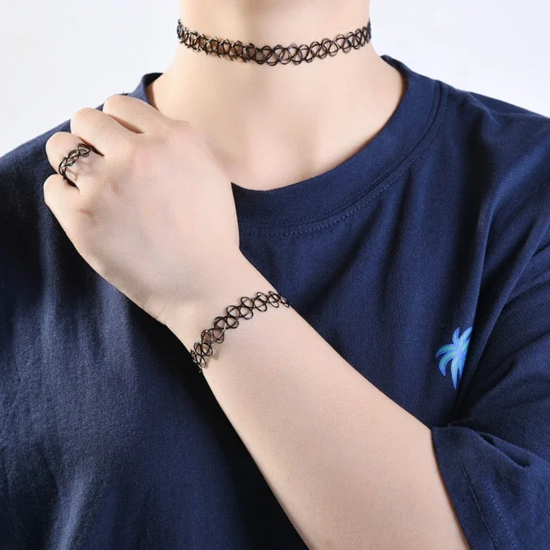 3-teiliges Tattoo-Armband-Ring-Halsketten-Set, 90er-Jahre-Accessoires, Damen, Teenager, Mädchen, Kinder, lebendiger Sommer-Stil,