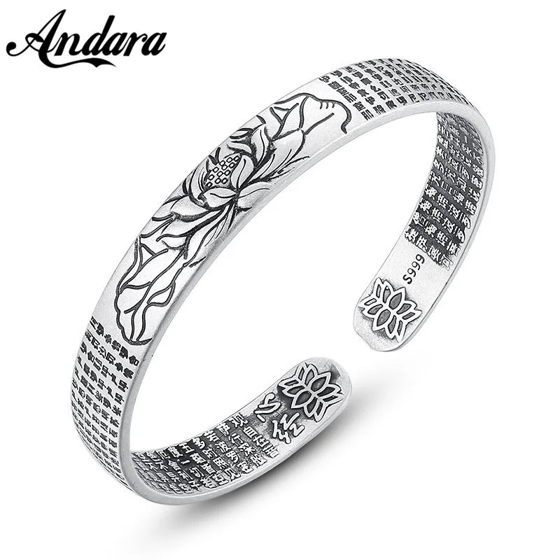 Vintage Silber Sterling Silber Armband großes Mitgefühl Mantra Lotus Herz Sutra Sutra Glück Armband Männer Frauen Schmuck