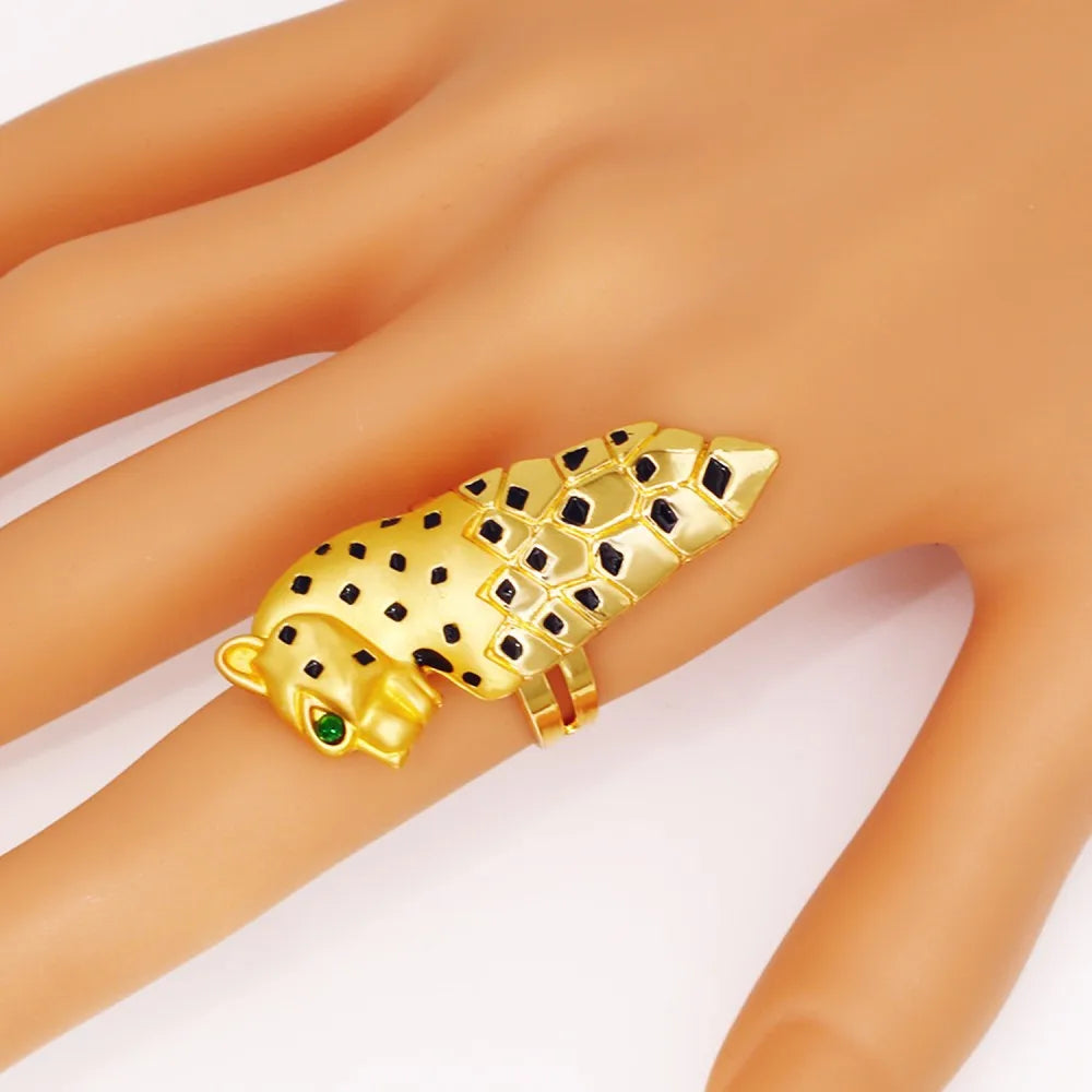 GZJPEI Übertreiben Sie großes Schmuckset, afrikanische Goldfarbe, Leoparden-Halskette, Armband, schicker großer Ohrring, Ring, Mode, Party-Geschenk