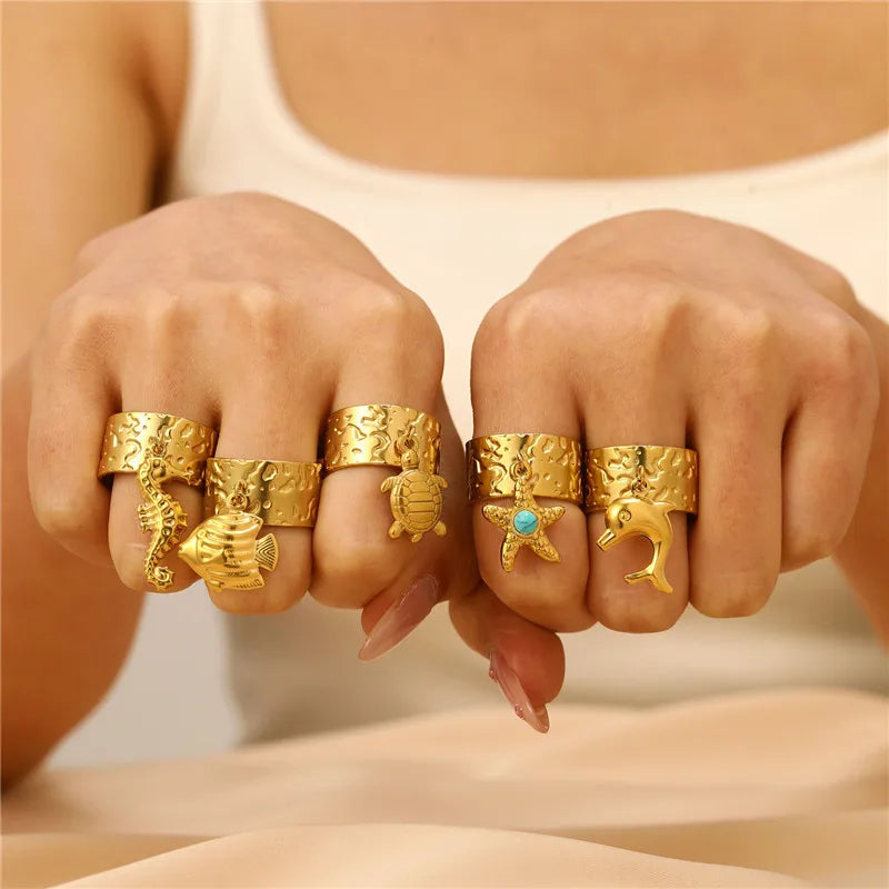Mode Meer Tier Anhänger Ring für Frauen Runde Geometrische Joint Schmuck Mädchen Urlaub Edelstahl Charme Ringe Großhandel