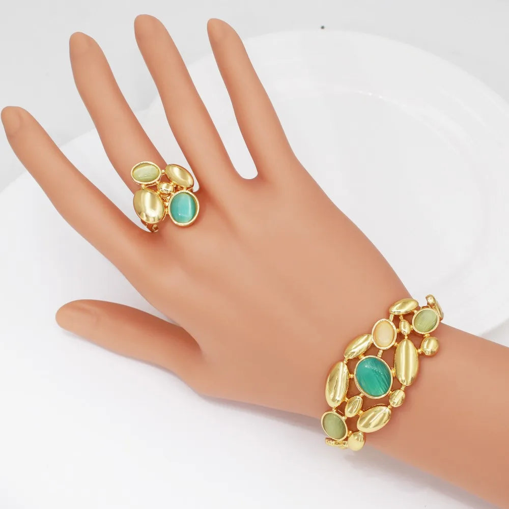 GZJPEI Elegantes Opal-Stein-Schmuckset, luxuriös, vergoldet, Halskette, Armband, Ohrring, Ring für Italien, Braut, Hochzeit, Geschenk, 2025, neu