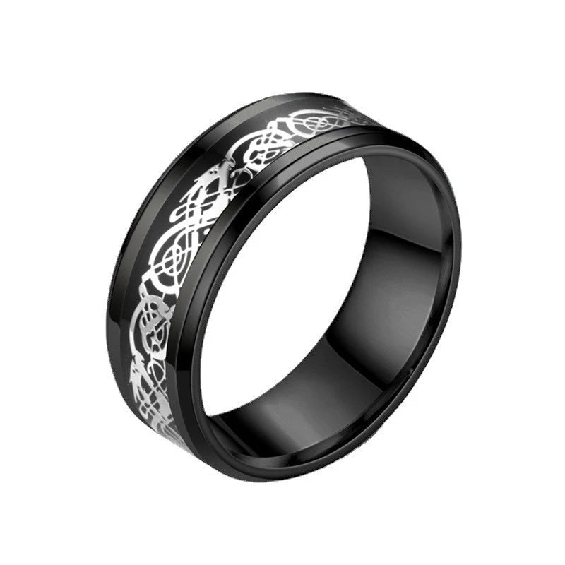 8mm Edelstahl Dominierenden Drachen Muster Ringe für Männer Frauen Punk Intarsien Blau Carbon Faser Ring bagues pour femme
