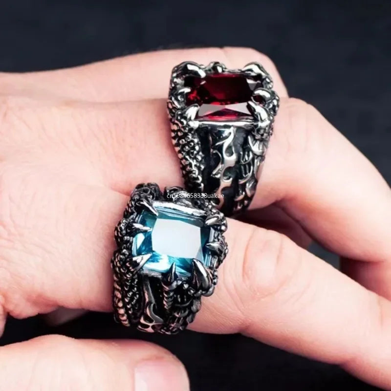 1 Stück Gothic Blauer und roter Kristall Böser Dämon Drachenklauen-Ring für Männer Gramm Biker Punk Rock Hip Hop Cooles Schmuckzubehör Mohamedца
