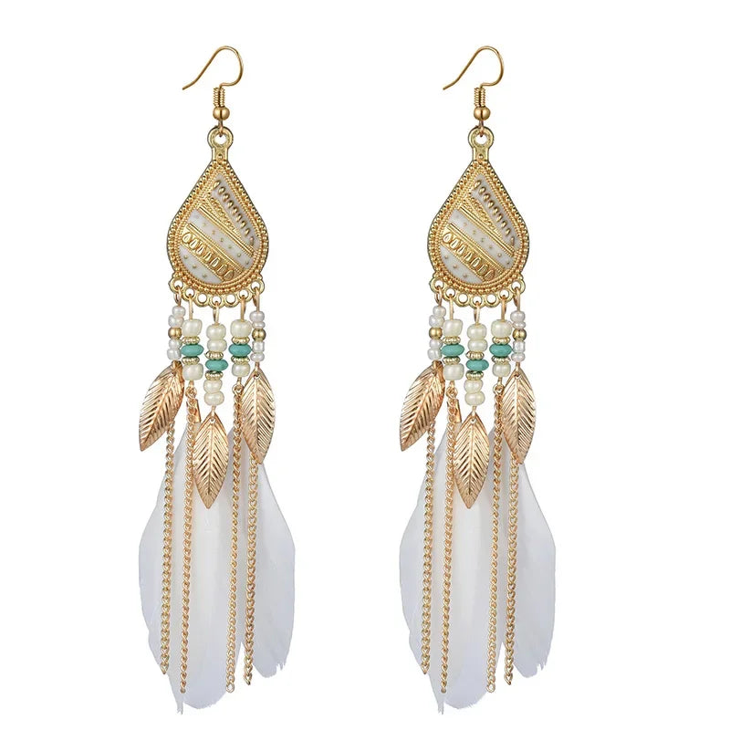 Bohemian Bunte Feder Quaste Ohrringe Für Frauen Ethnische Perlen Tropfen Aussage Hängende Ohrringe Mädchen Mode Schmuck Geschenk
