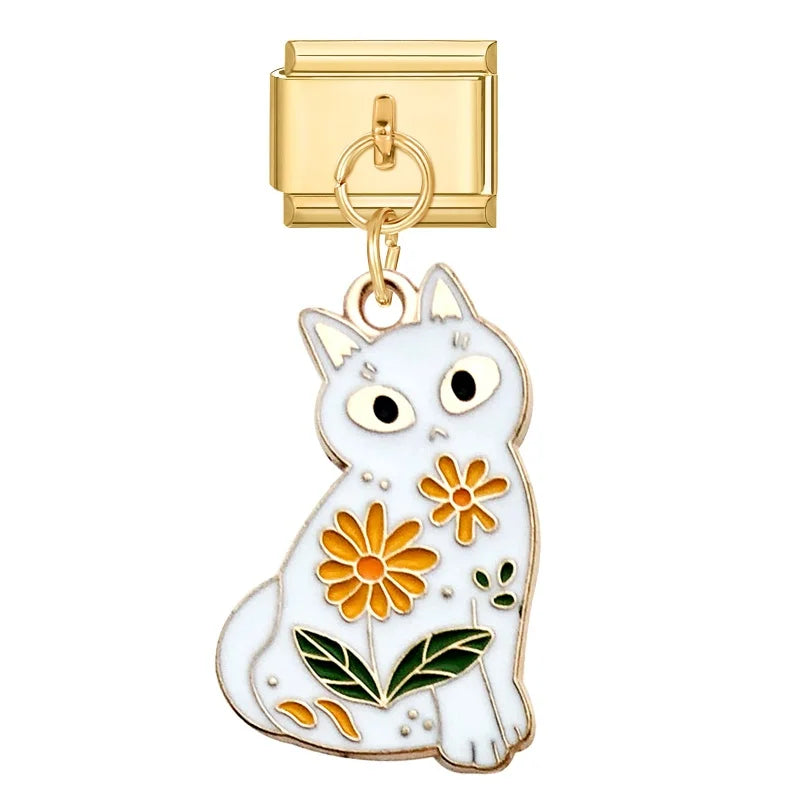 Gold Farbe Schöne Katze Rose Liebe Blume Eis Umschlag Anhänger Italienischen Charme Link Fit 9MM Armband Edelstahl DIY Machen