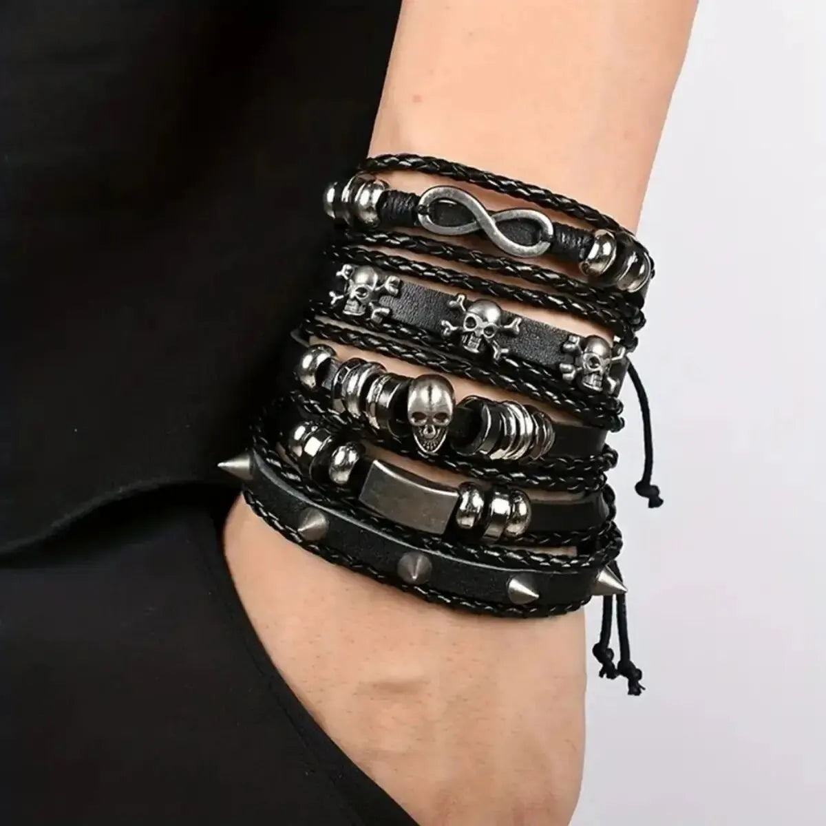 5-teiliges DIY-Armband-Set aus geflochtenem Metall im Punk-Stil, mit Pu-Leder und Perlen