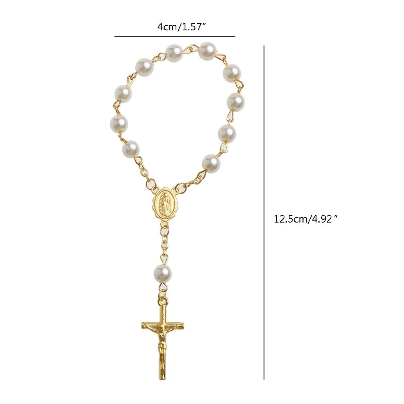 Tauf-Mini-Rosenkranz, elfenbeinfarbene Kunstperlen für Kreuz-Armband, für Taufe/Babyparty, Hochzeit/Urlaub
