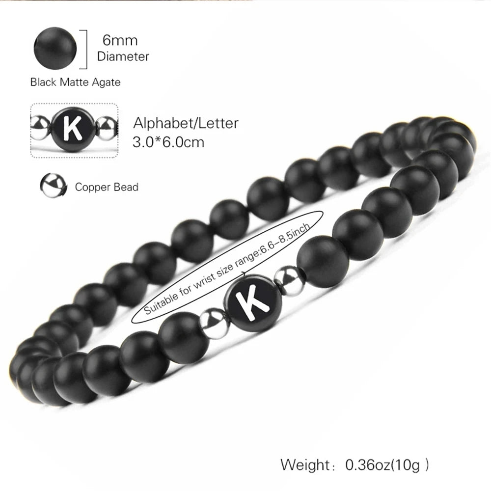 6 mm 26 Buchstaben-Armband, Unisex, schwarzer mattierter Stein, Perlen-Armreif, handgefertigt, DIY-Armband für Frauen, Männer, Paare, Freundschaftsgeschenke