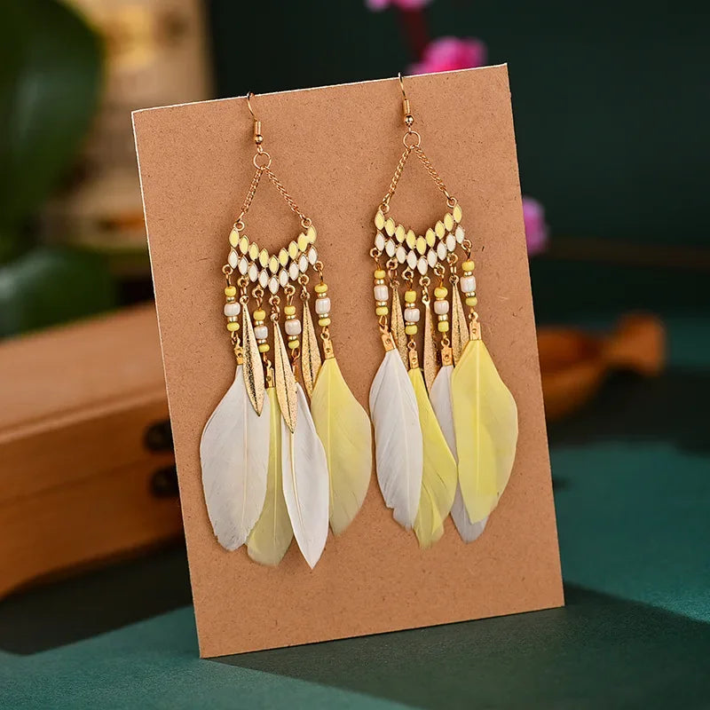 Bohemian Ethnische Feder Baumeln Ohrringe Für Frauen Trendy Lange Quaste Bunte Perlen Tropfen Ohrringe Mädchen Weibliche Boho Schmuck